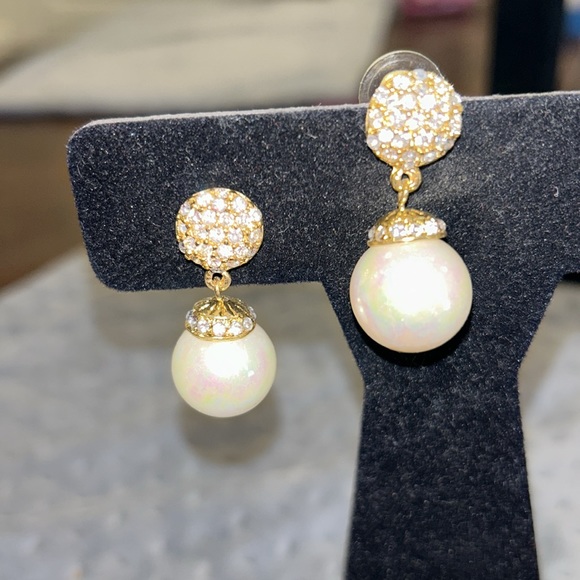 Pave Crystal Top and Iridescent Round Pearl Drop Earrings-boutique - Picture 4 of 11